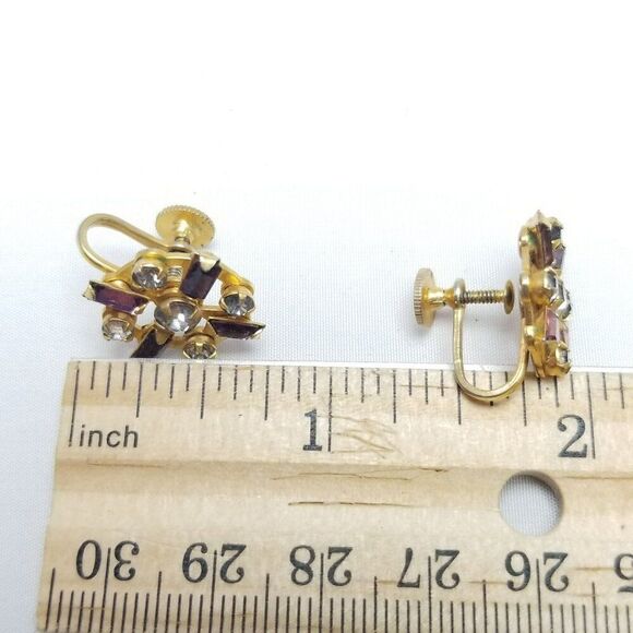 Vintage Purple Rhinestone Clip On Earrings, Gold Tone Screw Back Setting - Picture 5 of 7